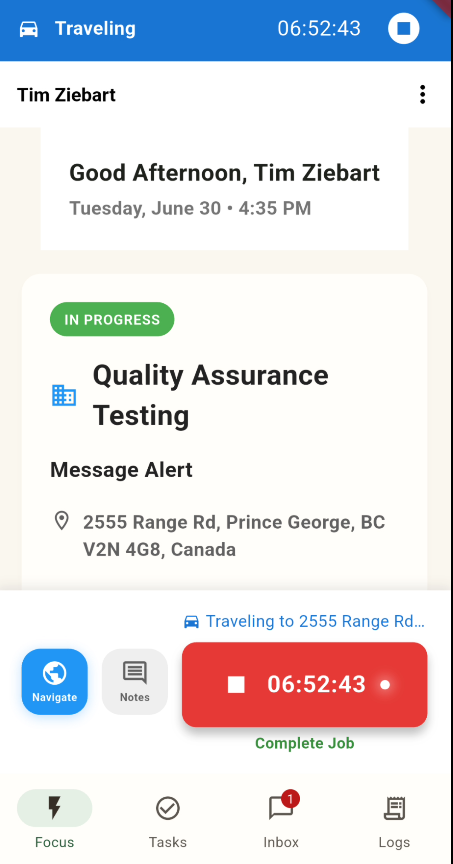 TaskGenius mobile app showing active travel timer, job card, and location check-in