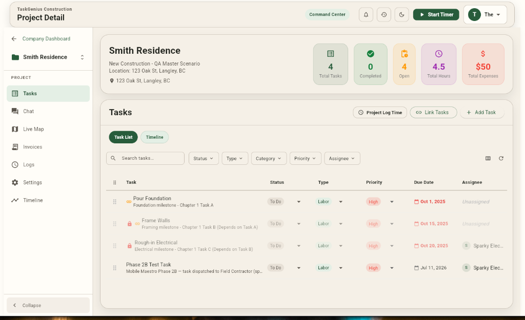 TaskGenius web command center showing billable project hours, expenses, and task records